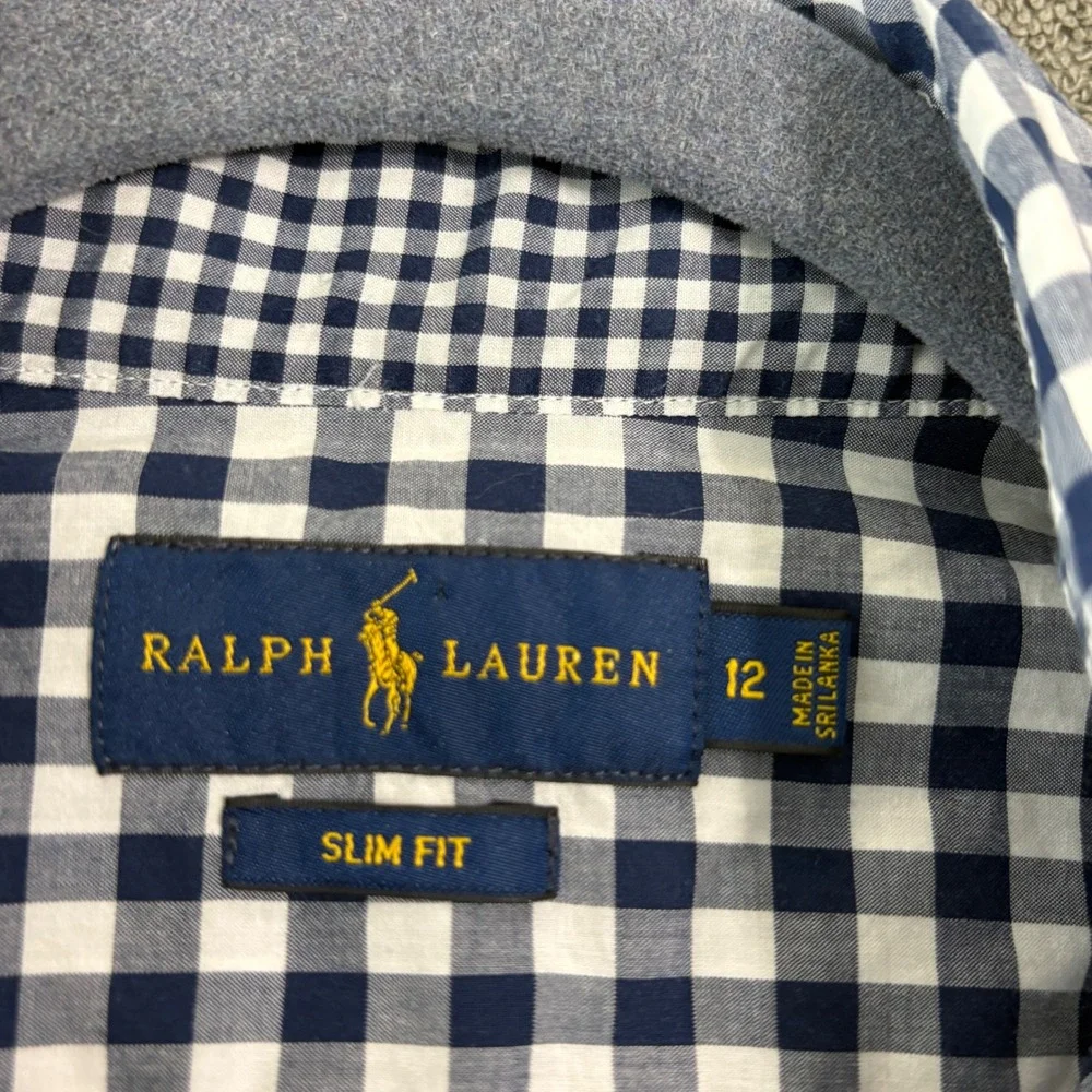 Ralph Lauren Button Down Shirt Boys Size 12 Navy Gingham Slim Fit Cotton Classic